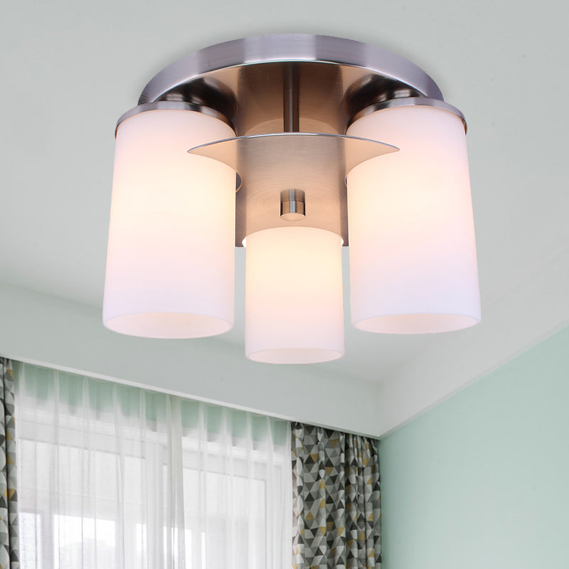 Modern Chrome Flush Mount Lighting - 3-Light Bedroom Fixture With Cream Glass Shade