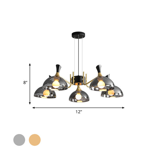 Modernism Dome Ceiling Chandelier - Smoke Gray/Amber Glass 5 Bulbs Bedroom Pendant Light