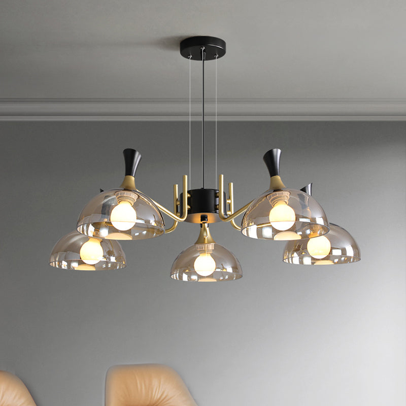 Modernism Dome Ceiling Chandelier - Smoke Gray/Amber Glass 5 Bulbs Bedroom Pendant Light