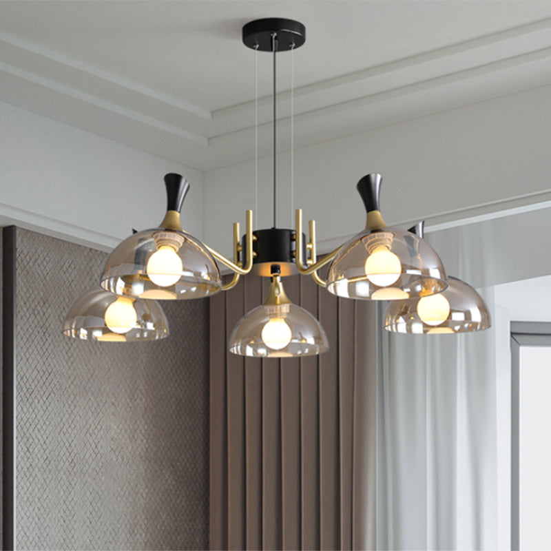 Modernism Dome Ceiling Chandelier - Smoke Gray/Amber Glass 5 Bulbs Bedroom Pendant Light