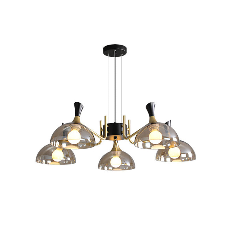 Modernism Dome Ceiling Chandelier - Smoke Gray/Amber Glass 5 Bulbs Bedroom Pendant Light