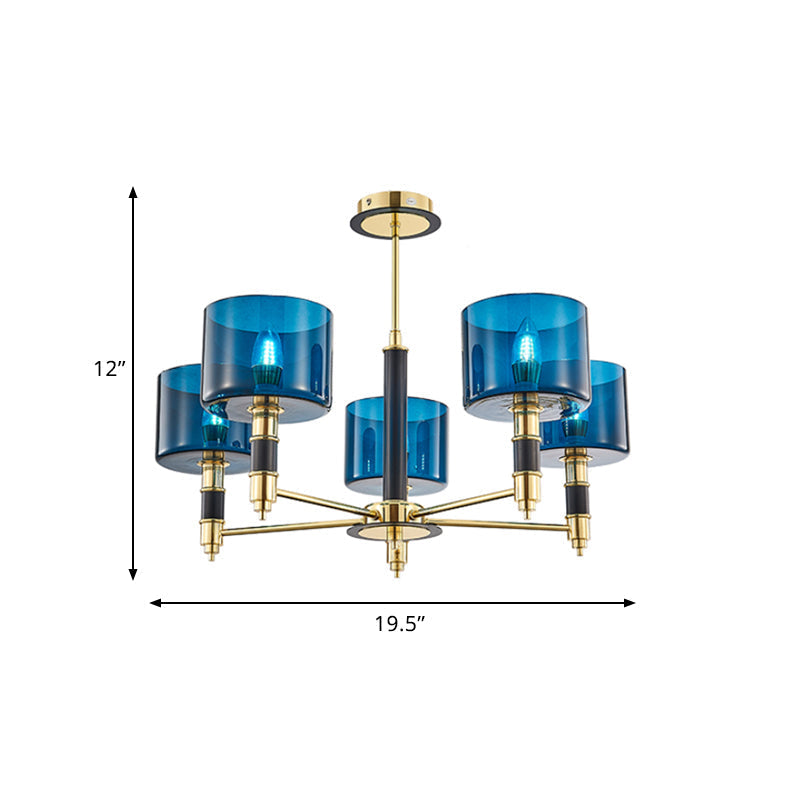 Sleek 5 - Headed Gold Ceiling Light With Blue Glass Shade For Living Room