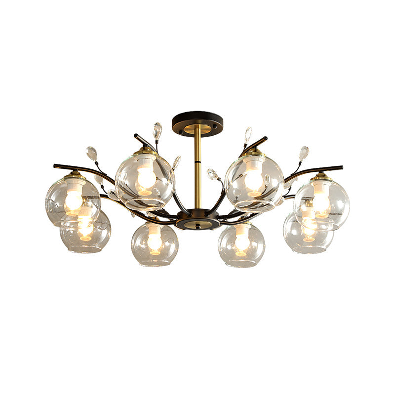Modernist Semi Flush Mount Ceiling Light - Cream/Clear Glass Black And Gold Crystal Accent 8 - Bulb