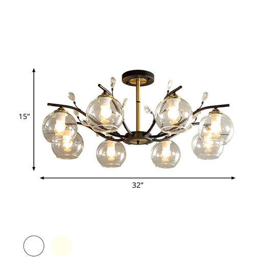 Modernist Semi Flush Mount Ceiling Light - Cream/Clear Glass Black And Gold Crystal Accent 8 - Bulb