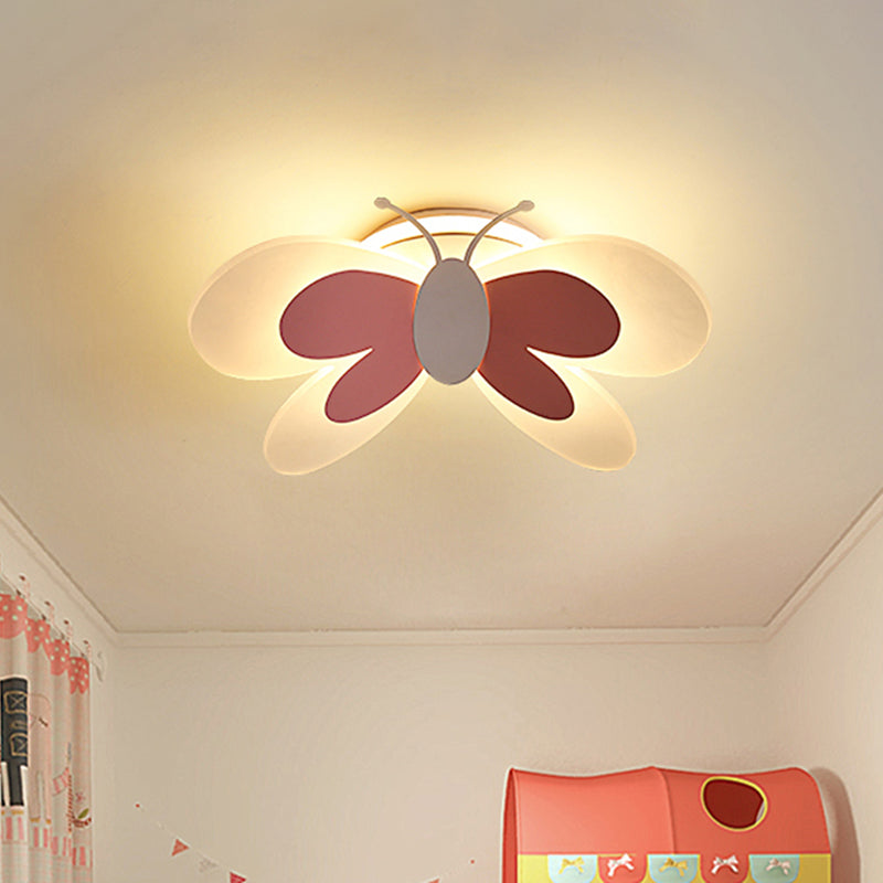 Lifelike Butterfly Flush Mount Fixture - Kids’ Pink Led Ceiling Light For Girls’ Bedroom