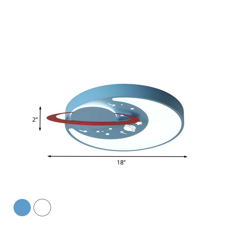 Children’s Led Flush Mount Light Fixture In White/Blue With Moon And Planet Design