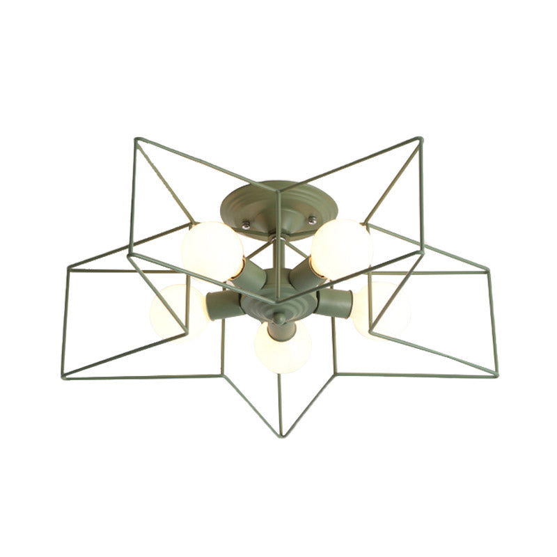 Pentacle Frame Iron Flush Mount Light - 5-Bulb Semi Ceiling For Kids’ Room (Pink/Grey/Blue)