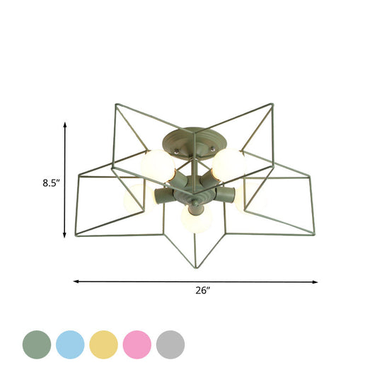 Pentacle Frame Iron Flush Mount Light - 5-Bulb Semi Ceiling For Kids’ Room (Pink/Grey/Blue)