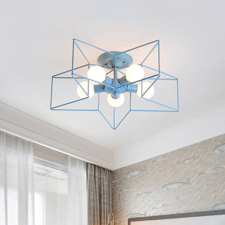Pentacle Frame Iron Flush Mount Light - 5-Bulb Semi Ceiling For Kids Room (Pink/Grey/Blue) Blue