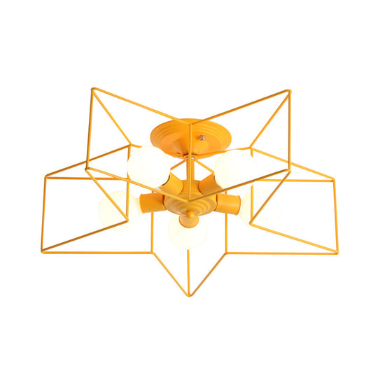 Pentacle Frame Iron Flush Mount Light - 5-Bulb Semi Ceiling For Kids’ Room (Pink/Grey/Blue)