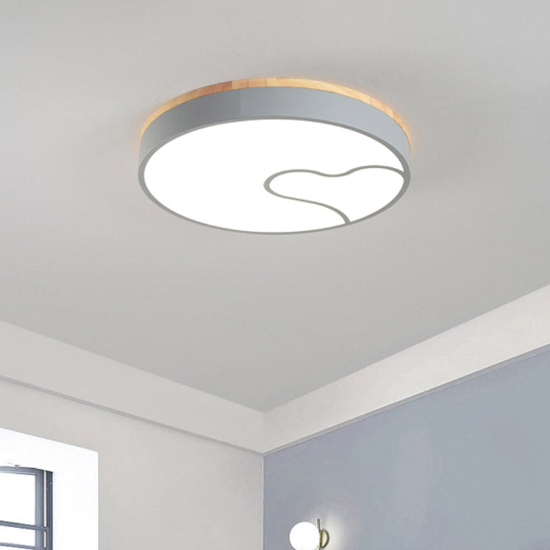 Green/White/Grey Macaron Ceiling Led Light With Wave Pattern And Wood Accent