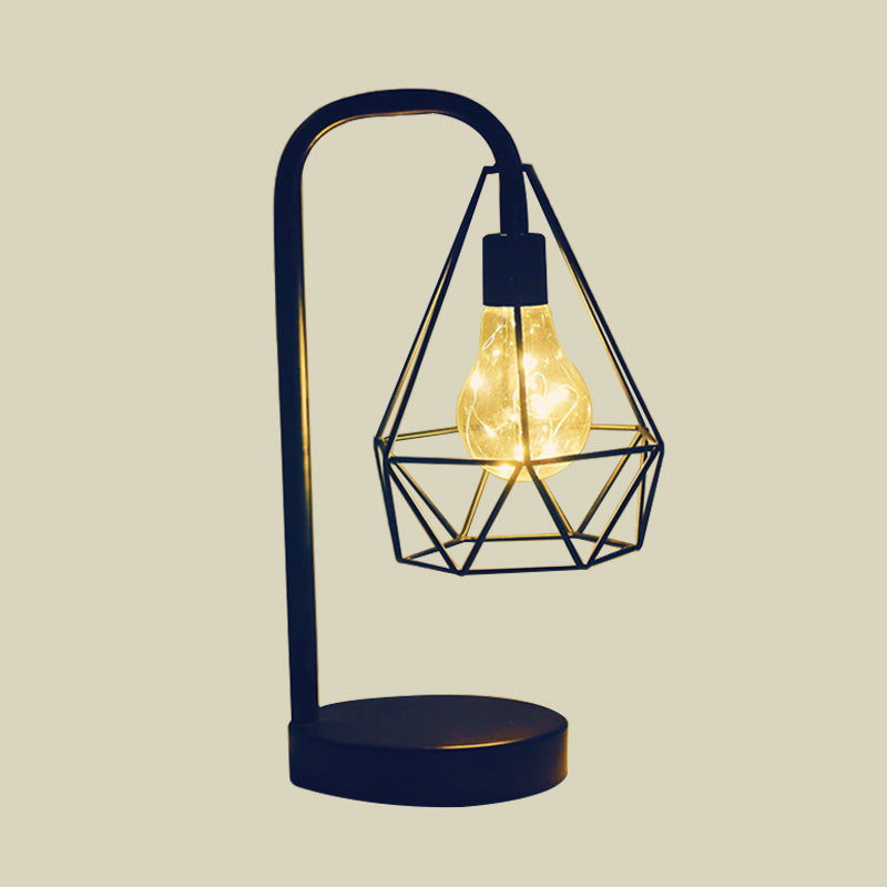 Modern Teardrop/Ball Cage Dangling Plug-In Table Light With Gooseneck Arm - Black Led Nightstand