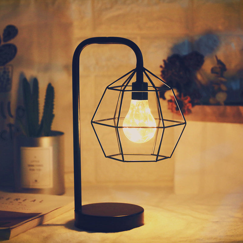 Modern Teardrop/Ball Cage Dangling Plug-In Table Light With Gooseneck Arm - Black Led Nightstand