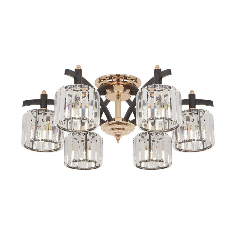 Modern Black & Gold Cylinder Crystal Block Semi Flush Light - Bedroom Ceiling Lamp (3/6 Heads)