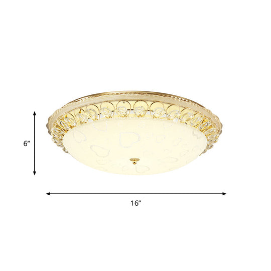 Frosted Glass Gold Ceiling Lamp - Domed Led Flush Light With Crystal Accent (16’/19.5’ Wide)