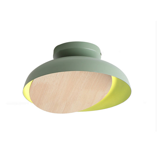 Ceiling Light With Mobile Wood Shield - Macaron Iron Flush Mount Led Yellow/Pink/Green Foyer