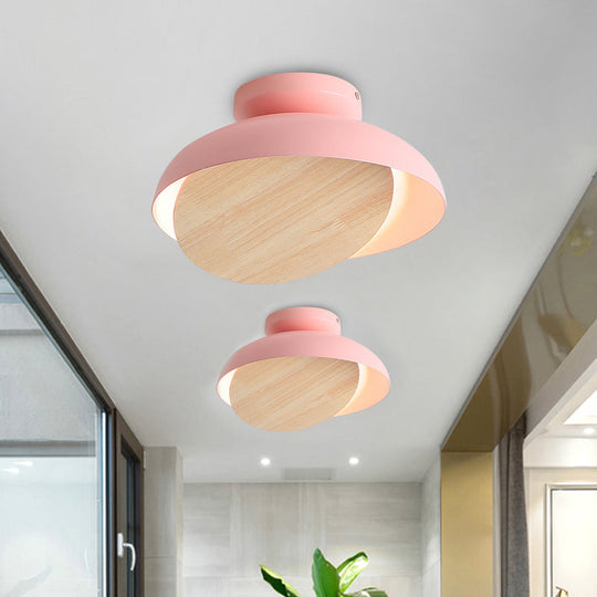 Ceiling Light With Mobile Wood Shield - Macaron Iron Flush Mount Led Yellow/Pink/Green Foyer