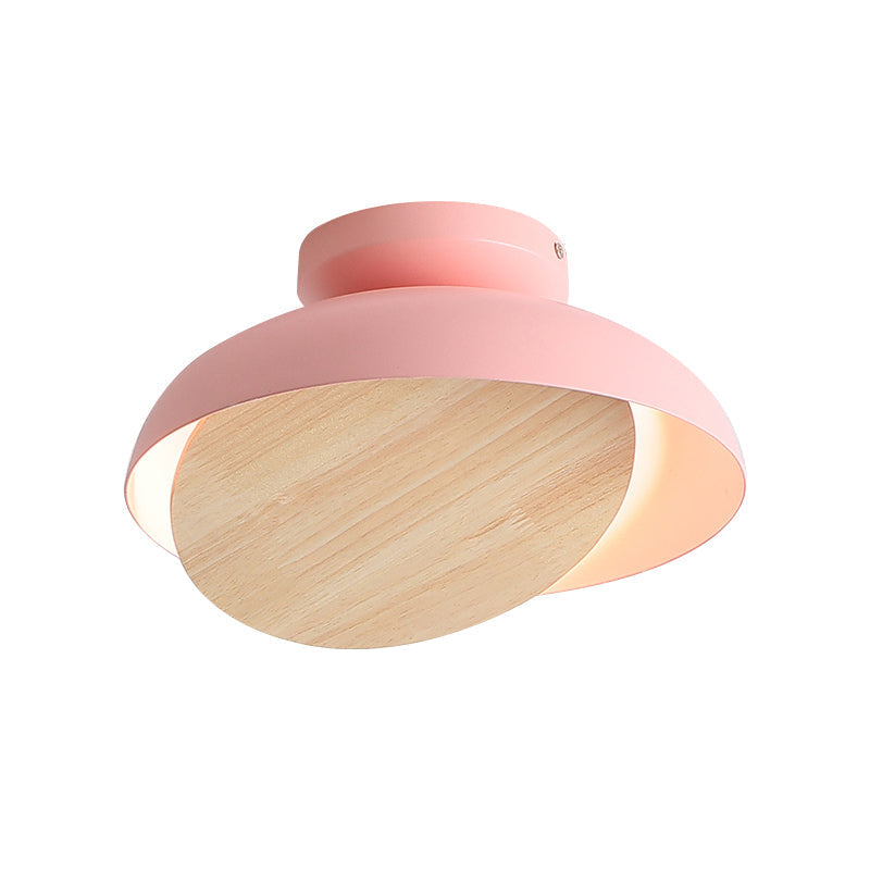 Ceiling Light With Mobile Wood Shield - Macaron Iron Flush Mount Led Yellow/Pink/Green Foyer