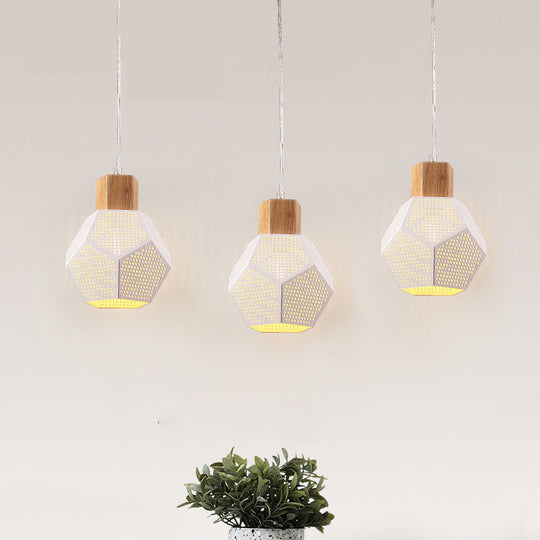 Nordic Iron Mesh Pendant Lamp With Faceted Bottle Design - 3 White And Wood Bulbs For Multi-Light