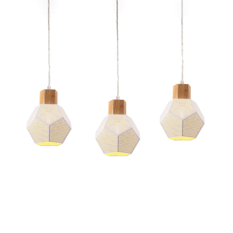 Nordic Iron Mesh Pendant Lamp With Faceted Bottle Design - 3 White And Wood Bulbs For Multi-Light