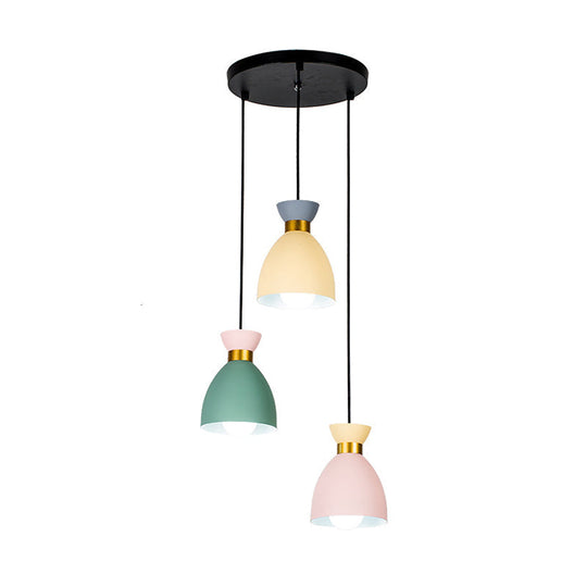 Macaron Cluster Pendant Light - Green-Yellow-Pink Cup Hanging Fixture Aluminum Shade Set Of 3 Lights