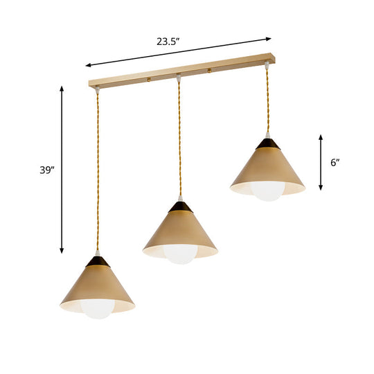 Modern Conical Metal 3-Head Black And Gold Pendant Lamp With Multiple Hanging Lights Round/Linear