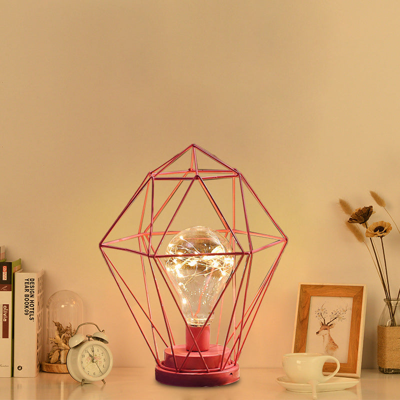 Macaron Diamond/Geometric Led Nightstand Lamp For Girls Room In Black/Pink With Glow String