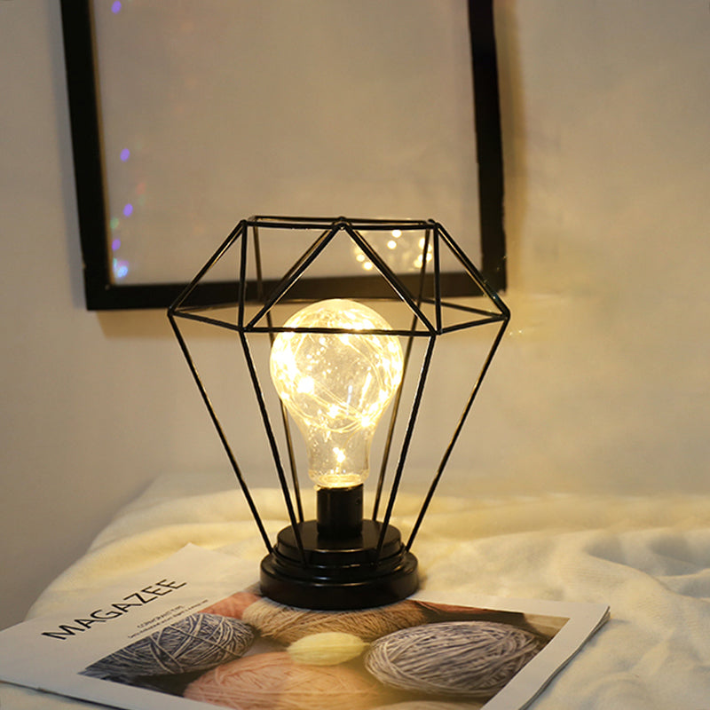 Macaron Diamond/Geometric Led Nightstand Lamp For Girls Room In Black/Pink With Glow String