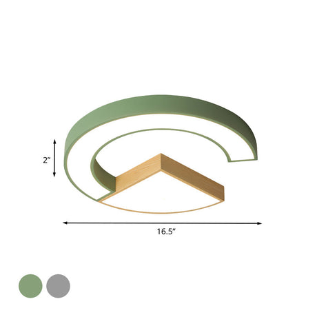 Geometric Ceiling Flush Mount Iron Green/Grey And Wood Led Lighting For Nursery