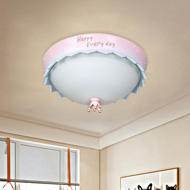 Scalloped Led Flush Mount Ceiling Light Pink Dome Cartoon Resin Design With Frosted Glass Shade