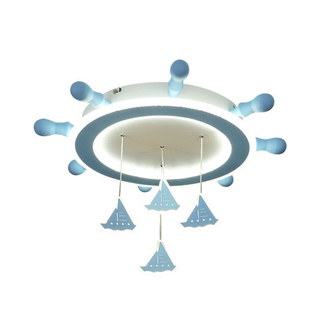 Marine Steering Wheel Flush Light: Kids Room Ceiling Mount Fixture With Sailing Boat Design - Sky