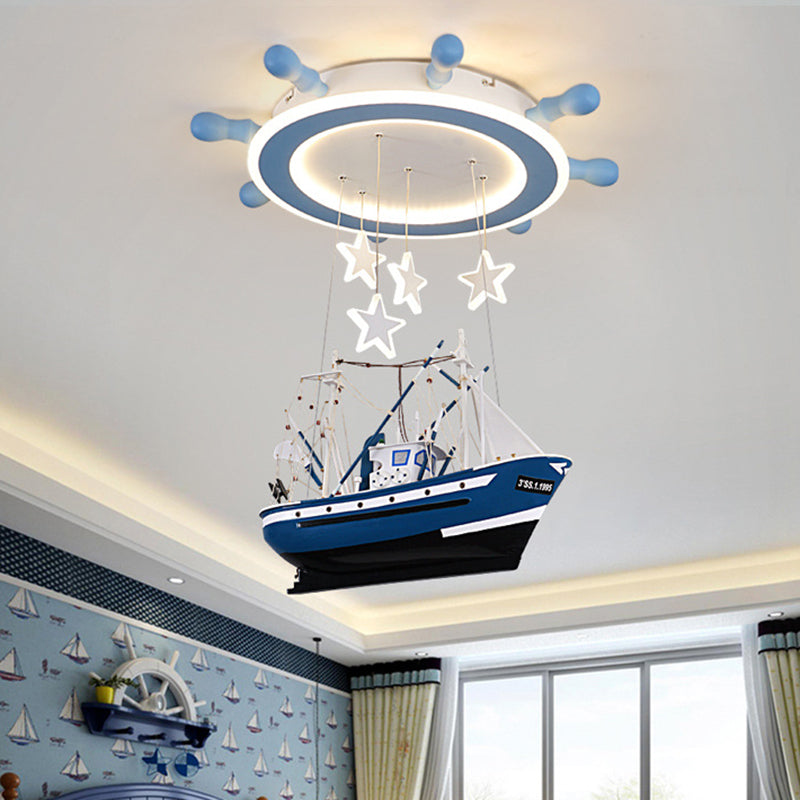 Blue Sailboat Led Ceiling Light With Flush Mount Rudder And Hanging Design
