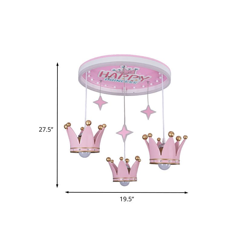Kids Pink Acrylic Ceiling Flush Mount Light With 3 Bulbs And Suspended Resin Crown