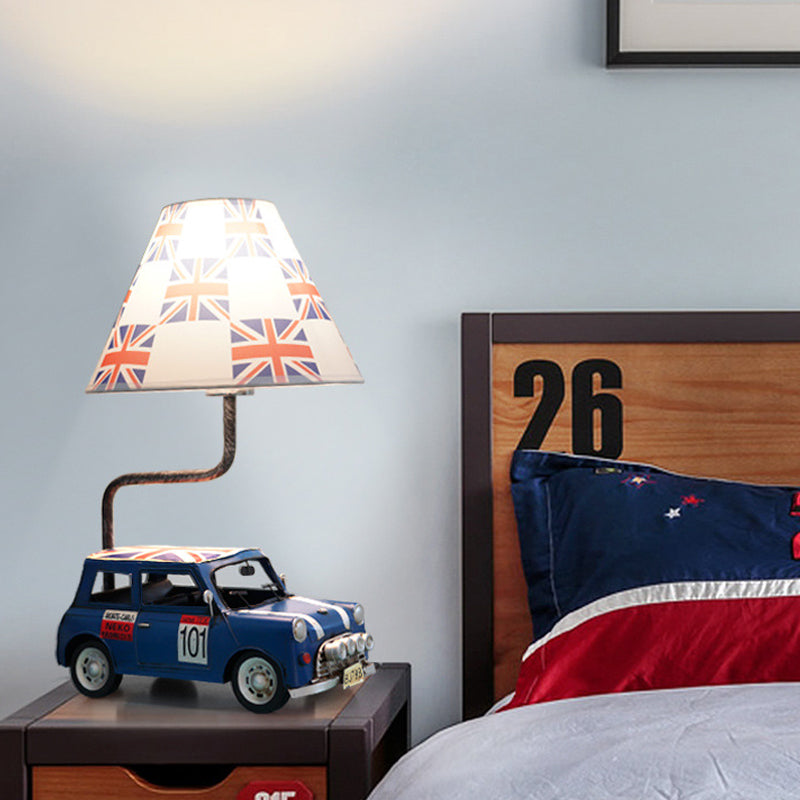 Kids Jeep Car Iron Table Lamp With Yellow/Blue Cross Fabric Shade Blue