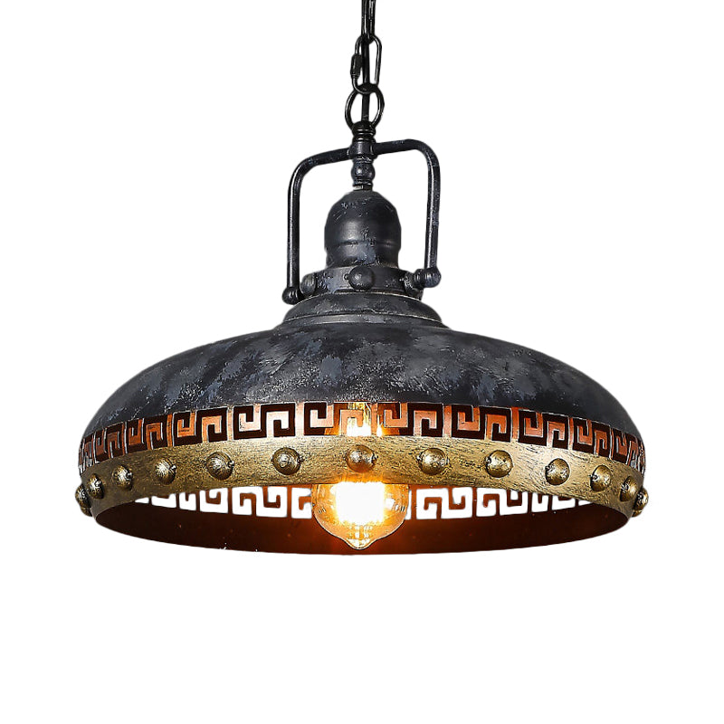 Black Metal Hanging Lamp Kit: Antiqued Bowl Down Lighting With Rotatable Handle