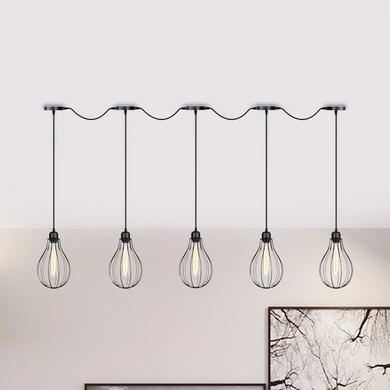 Industrial Cage Pendant Chandelier With Multi-Bulb Kit In Black