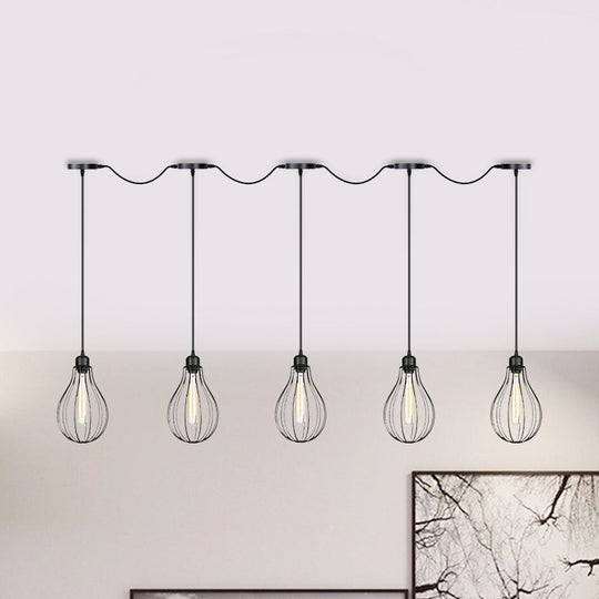 Industrial Cage Pendant Chandelier With Multi-Bulb Kit In Black