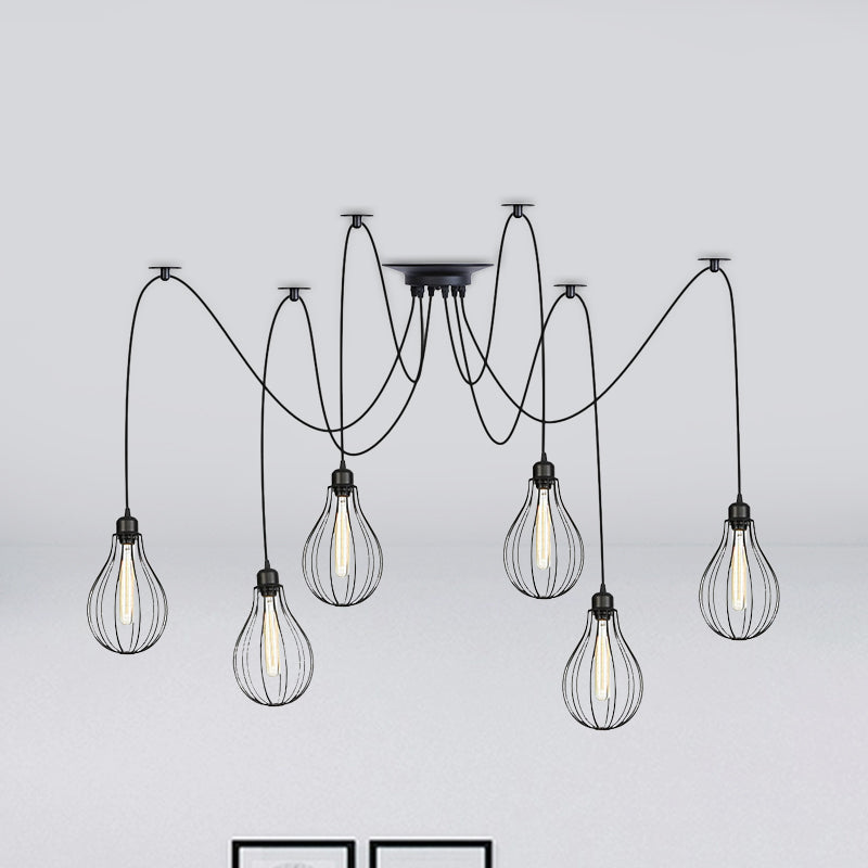 Vintage Iron Pear Cage Hanging Light: 2/3/6-Light Coffee House Swag Pendulum Lamp In Black