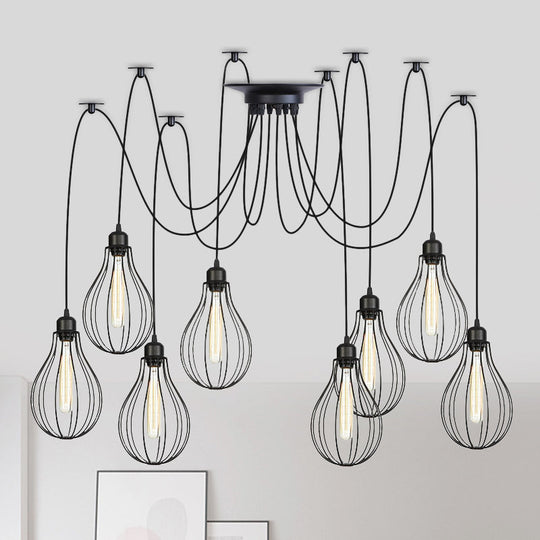 Vintage Iron Pear Cage Hanging Light: 2/3/6-Light Coffee House Swag Pendulum Lamp In Black 8 /