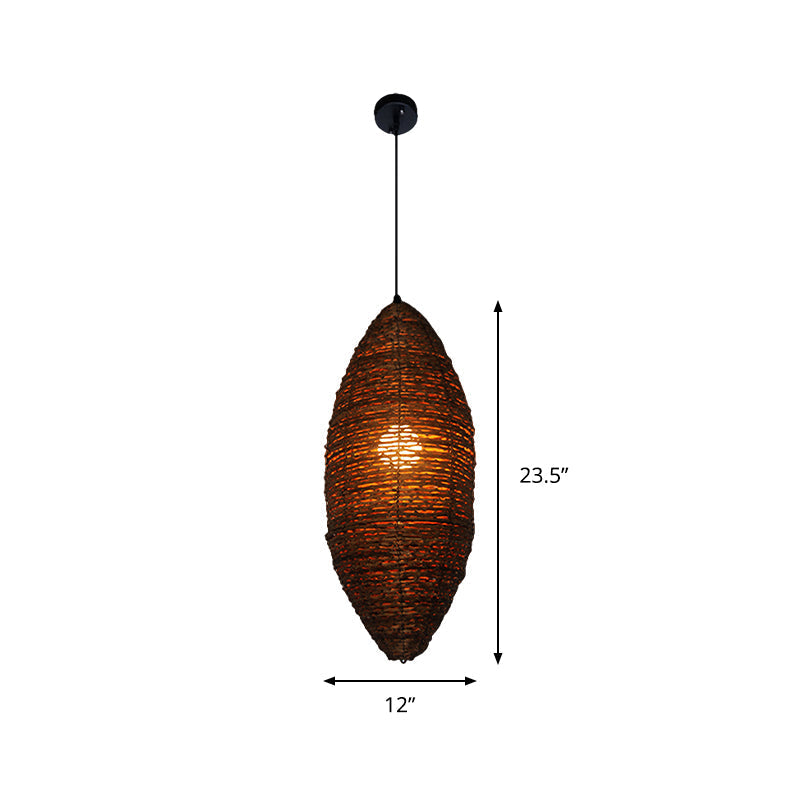 Modernist Cocoon Rattan Suspension Light - 1-Bulb Coffee Finish Pendant Lamp