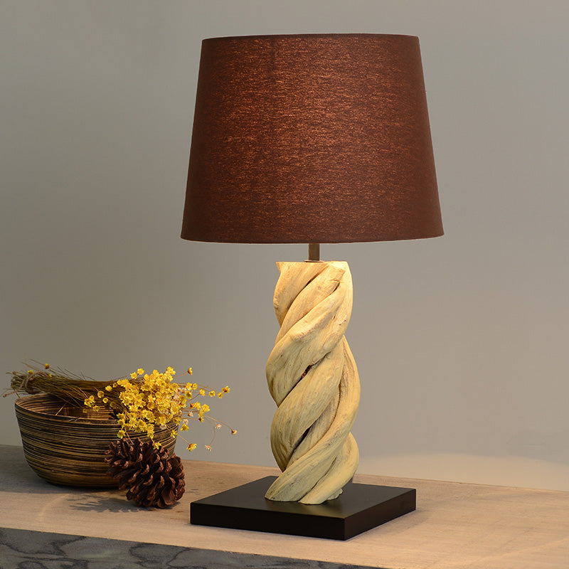 Art Deco Barrel Fabric Night Lamp With Spiral Wood Base - Brown