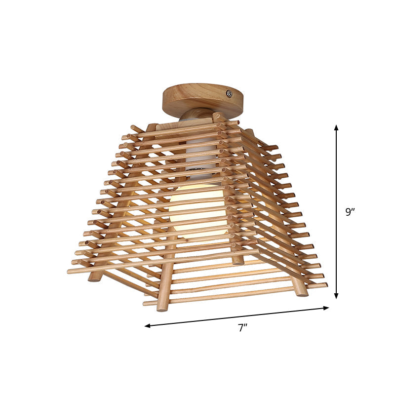 Sleek Japanese Bamboo Ceiling Lamp With Trapezoid Semi Mount And 1 - Bulb Flush Design For Hallway