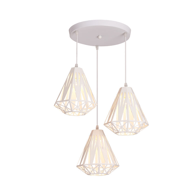 Iron Diamond Cage Pendant Light With 3 Modern White Heads - Stylish Ceiling Suspension Lamp