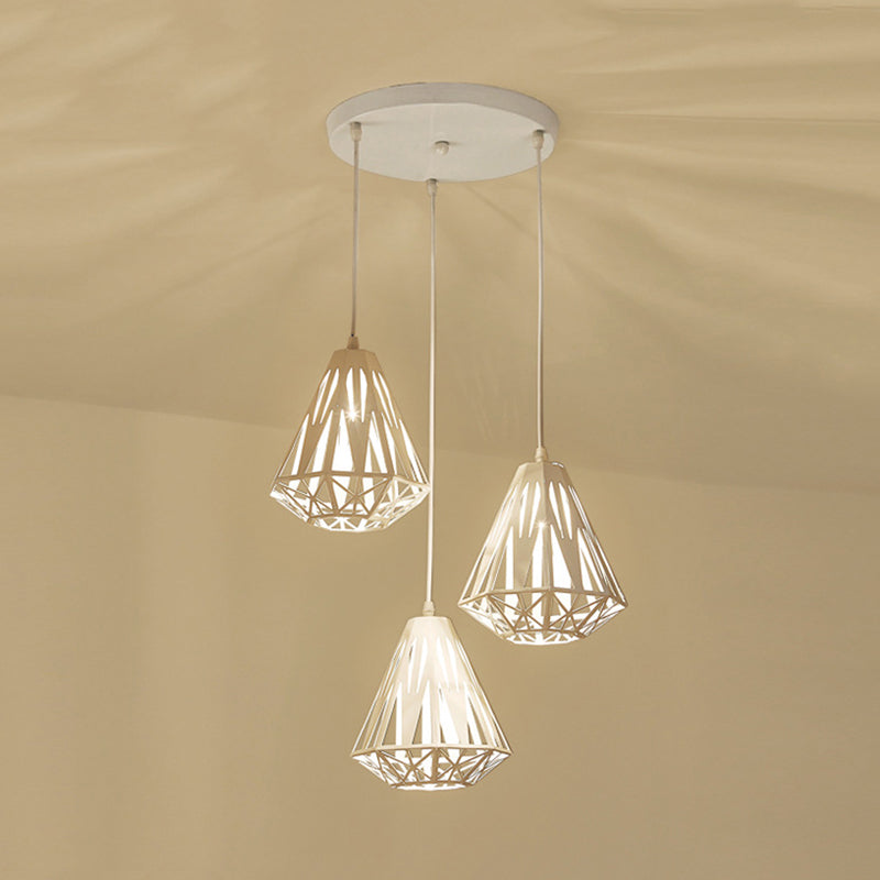 Iron Diamond Cage Pendant Light With 3 Heads Modern White Finish Suspended Ceiling Lamp