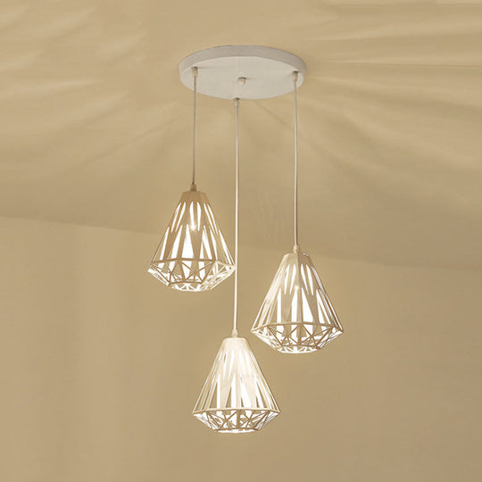 Iron Diamond Cage Pendant Light With 3 Heads Modern White Finish Suspended Ceiling Lamp
