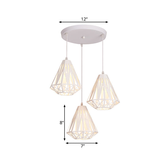 Iron Diamond Cage Pendant Light With 3 Heads Modern White Finish Suspended Ceiling Lamp