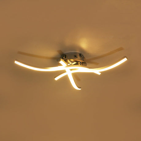 Modern Metallic Led Silver Semi Flush Ceiling Light | Crossing Wave Flushmount Lamp (Warm/White