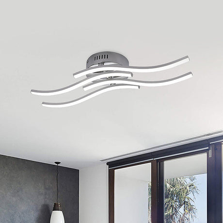Sleek Nickel Finish 4-Wavy Linear Semi Flush Mount Led Ceiling Light For Bedroom - Warm/White Glow /