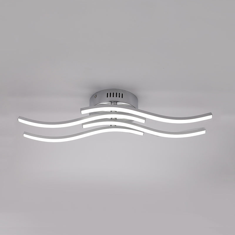 Sleek Nickel Finish 4 - Wavy Linear Semi Flush Mount Led Ceiling Light For Bedroom - Warm/White Glow