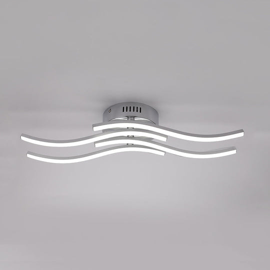 Sleek Nickel Finish 4 - Wavy Linear Semi Flush Mount Led Ceiling Light For Bedroom - Warm/White Glow